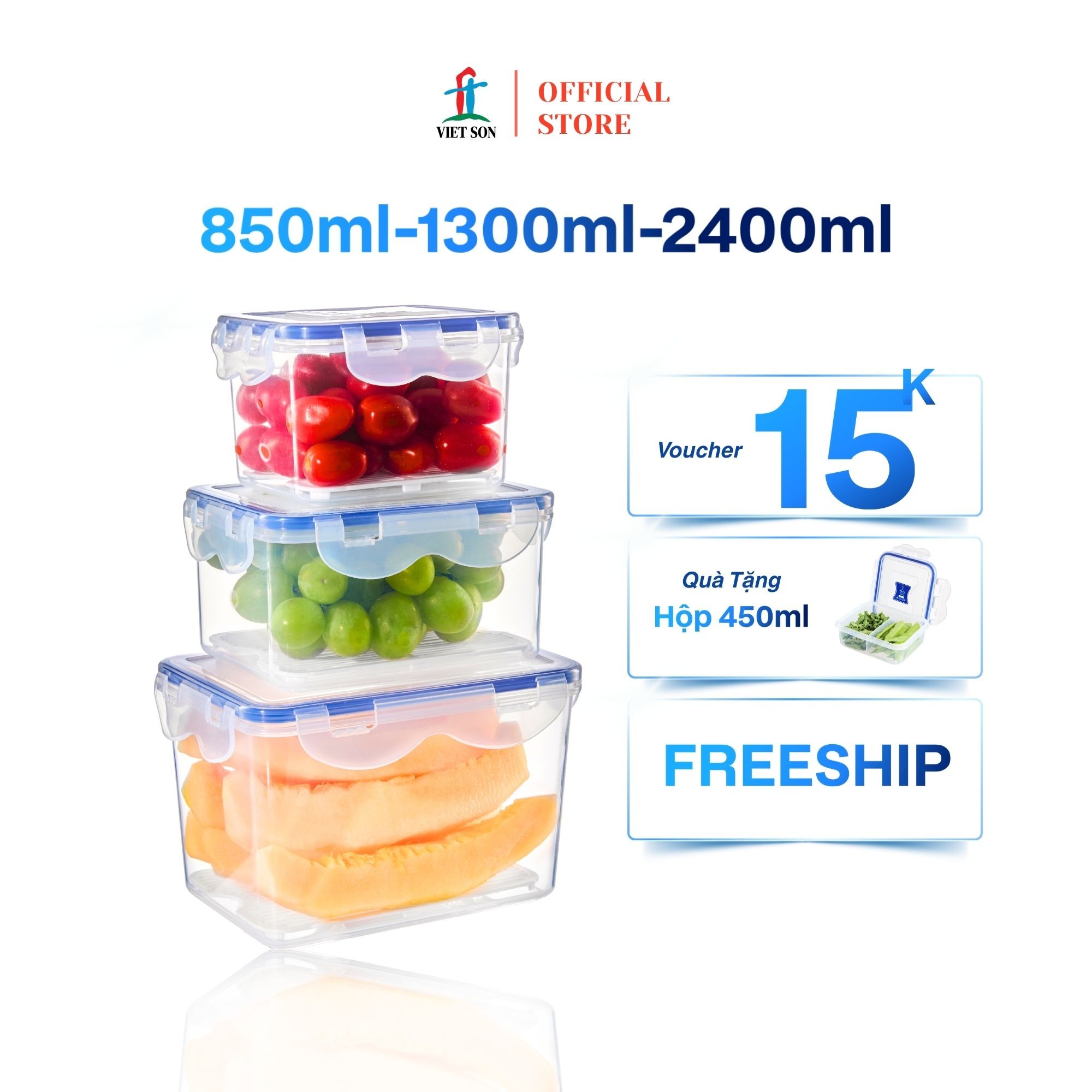 Bộ 3 Hộp Đựng Thực Phẩm Việt Son (850ml, 1300ml, 2400ml) Nắp Khóa 4 Cạnh Kín Hơi